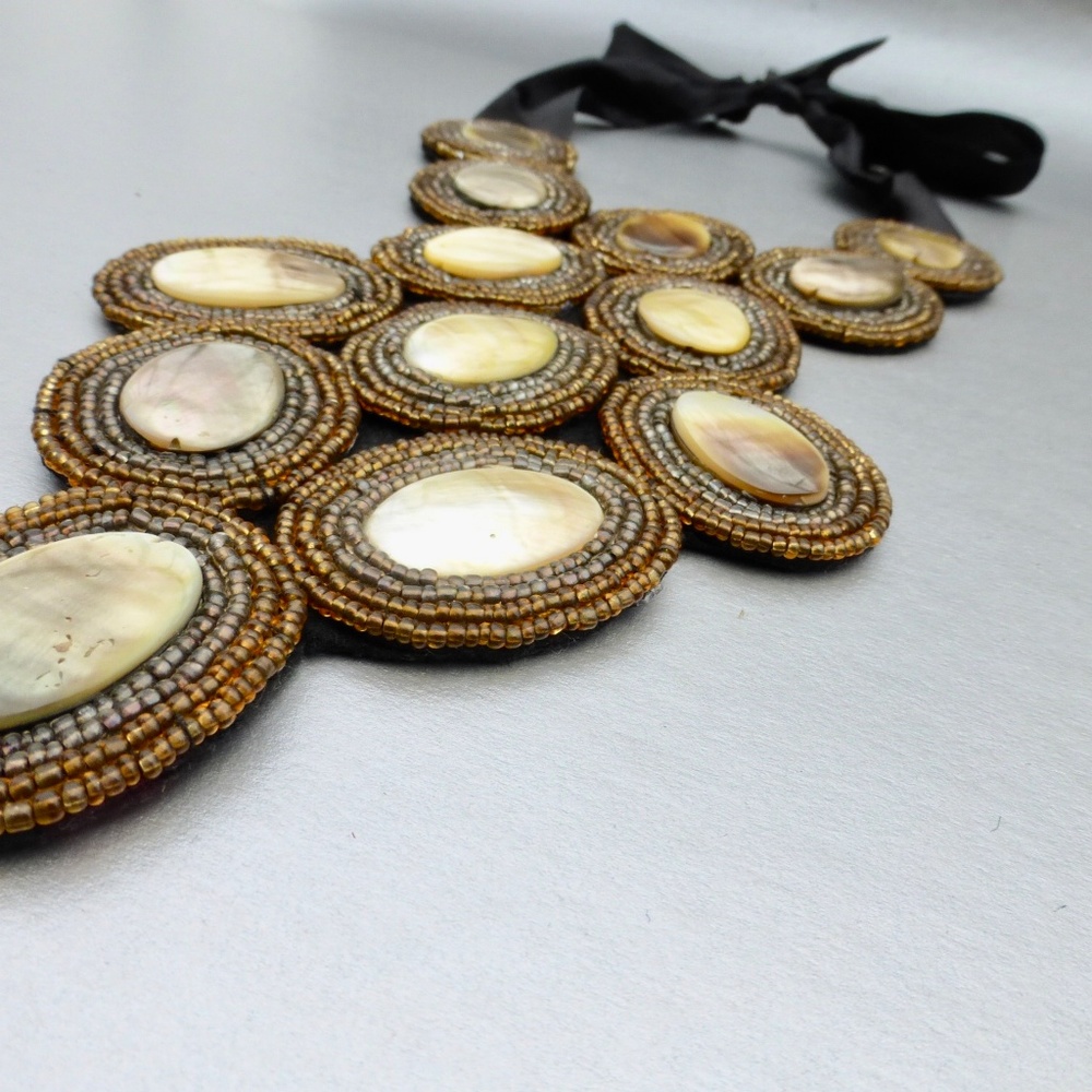 Golden Mop Shell Bib Beaded Statement Necklace - image 4